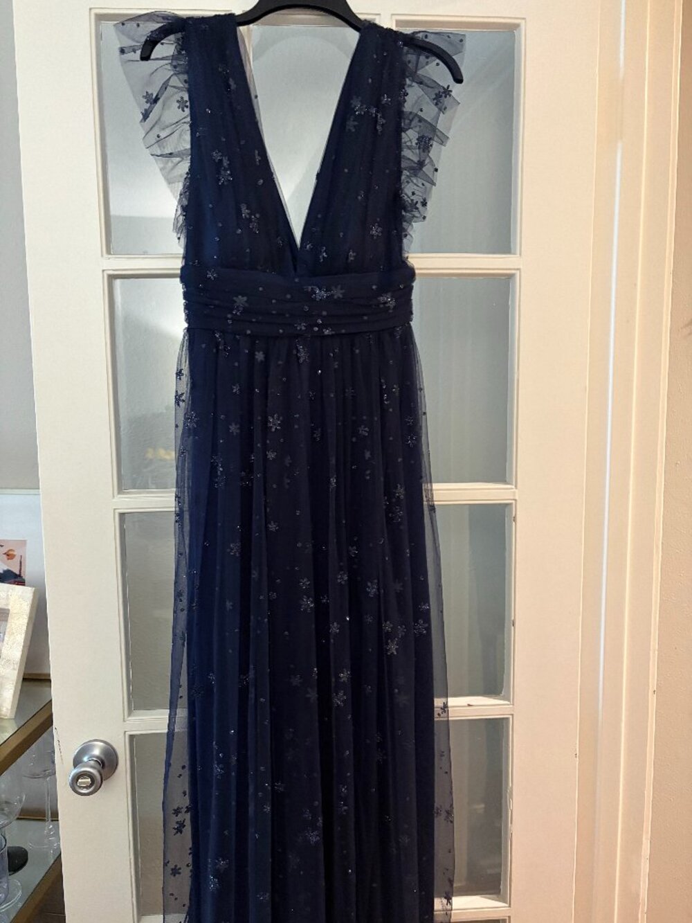 Navy Blue Floral Tulle Maxi Dress